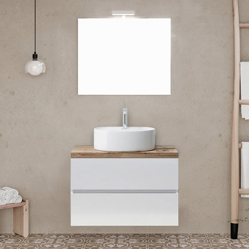 Mobile bagno sospeso 60 bianco top rovere naturale con specchio LED | Town