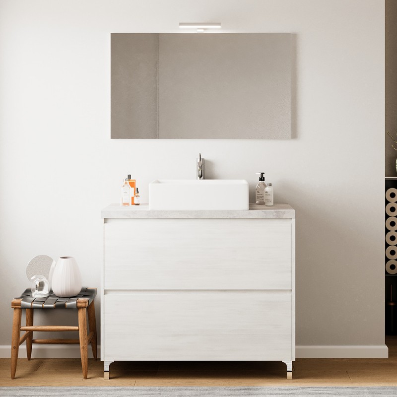 Mobile bagno a terra 80 rovere bianco top cenere con specchio LED | Lisbona