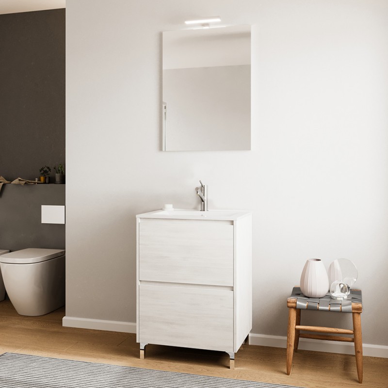 Mobile bagno a terra 60 rovere bianco con lavabo e specchio LED | Lisbona