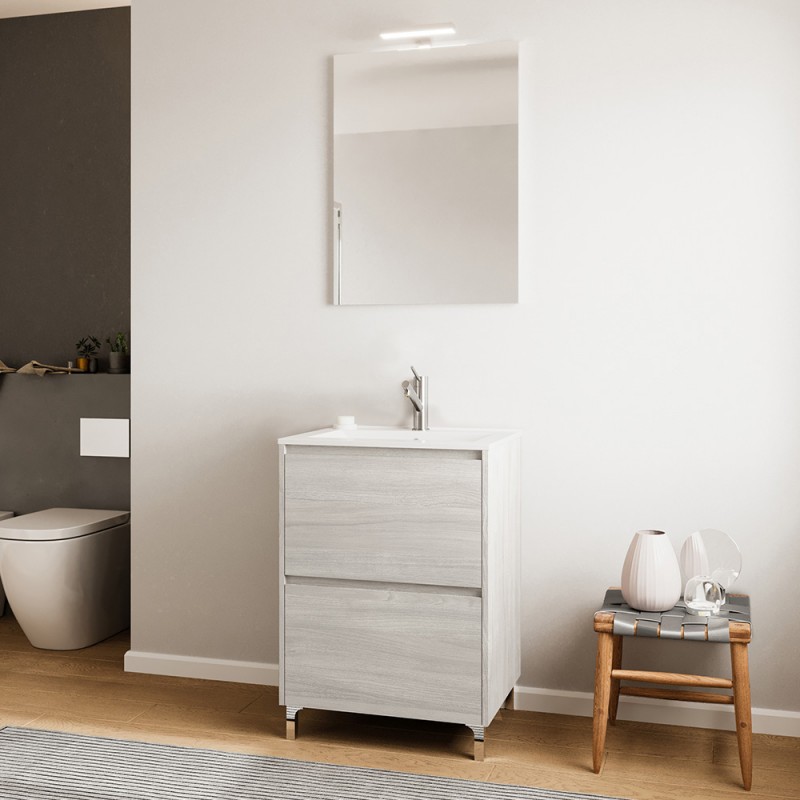 Mobile bagno a terra 60 rovere grigio con lavabo e specchio LED | Lisbona