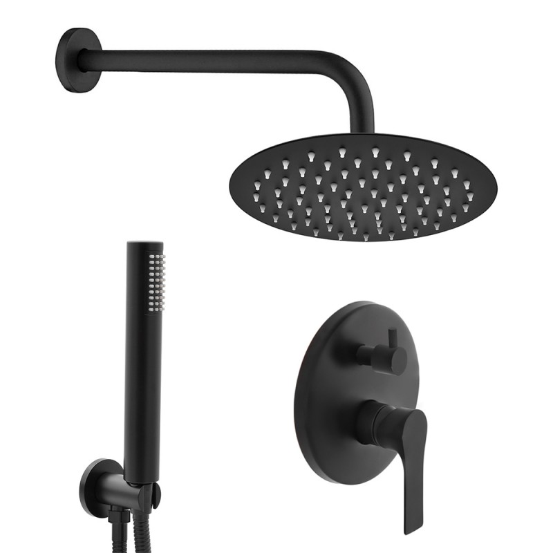 Set doccia nero opaco completo di soffione tondo 30 cm, kit