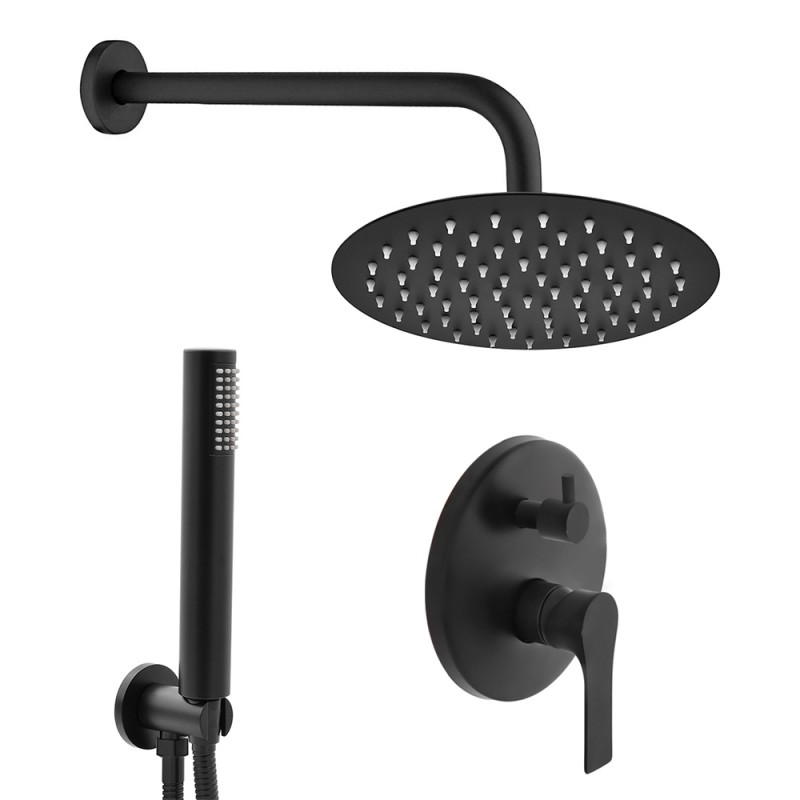 Set doccia nero opaco completo di soffione tondo 30 cm, kit doccetta e  miscelatore