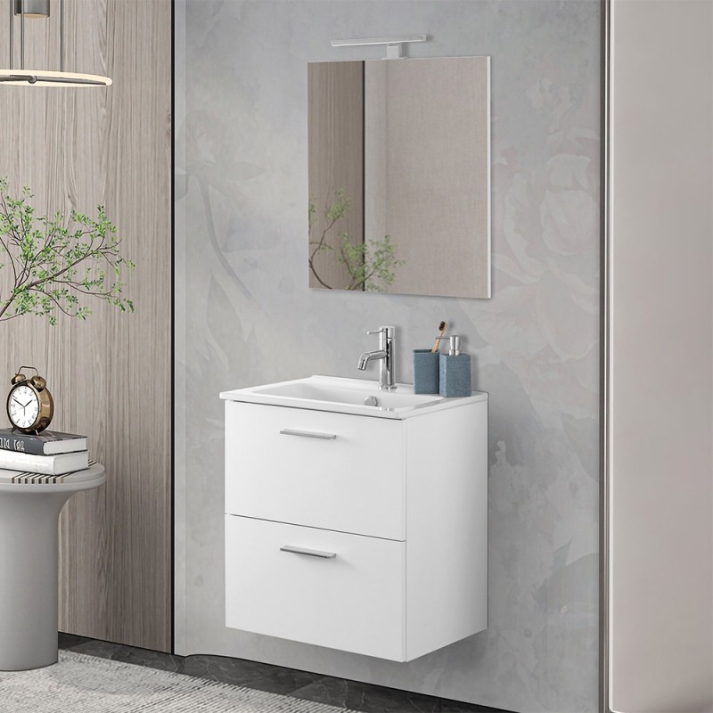Mobile bagno sospeso 60 bianco lucido con lavabo e specchio