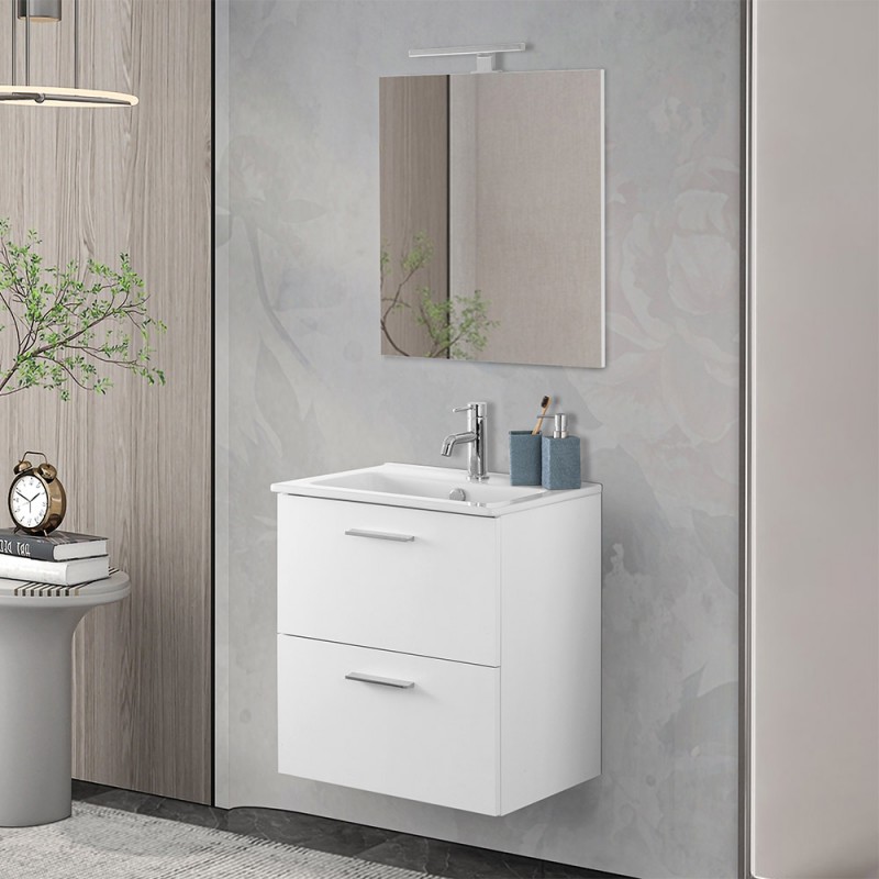 Mobile bagno sospeso salvaspazio 55 cm bianco lucido con specchio Strada