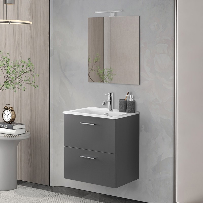 Mobile bagno sospeso 60 antracite lucido con lavabo e specchio | Miami