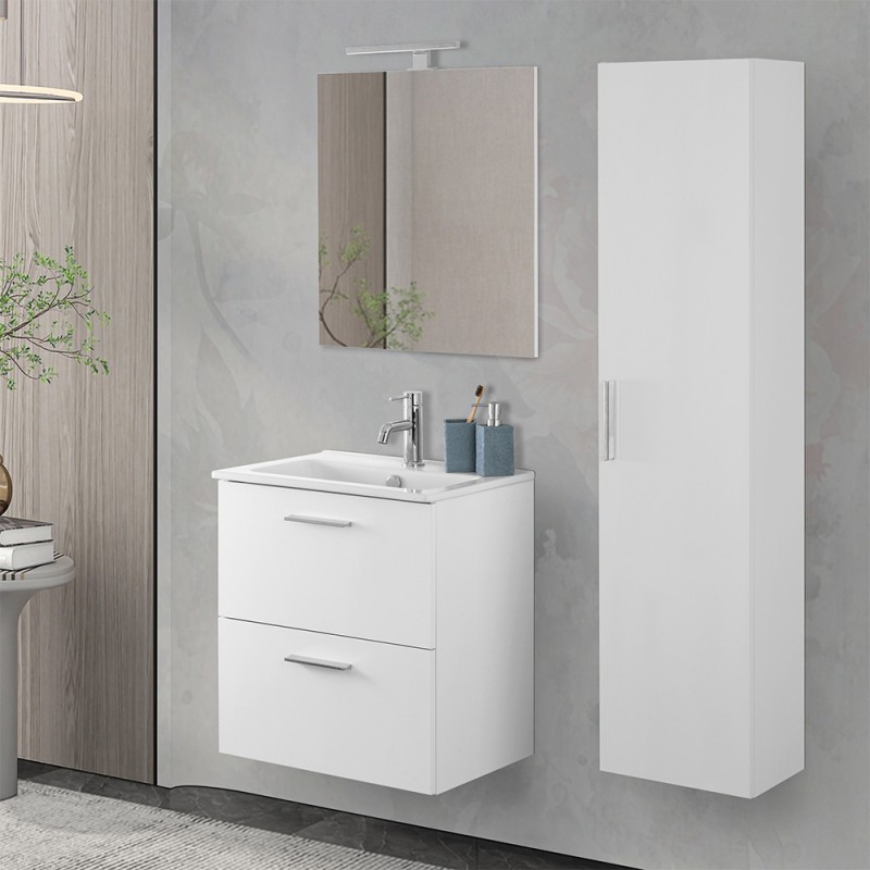 Mobile bagno sospeso 60 bianco lucido con pensile 145 lavabo e specchio | Miami