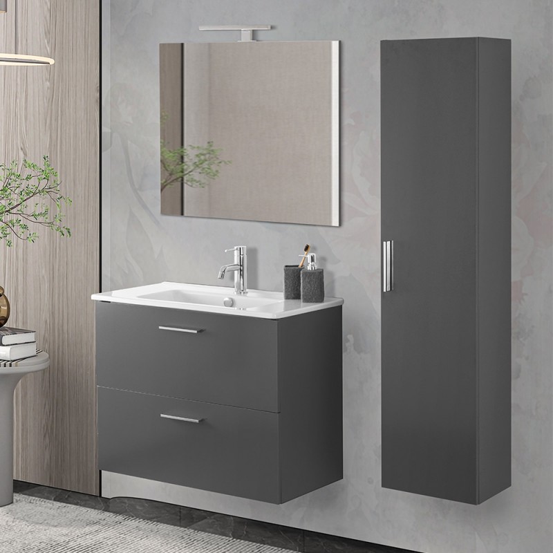 Mobile bagno sospeso 80 antracite con pensile 145 lavabo e specchio | Miami