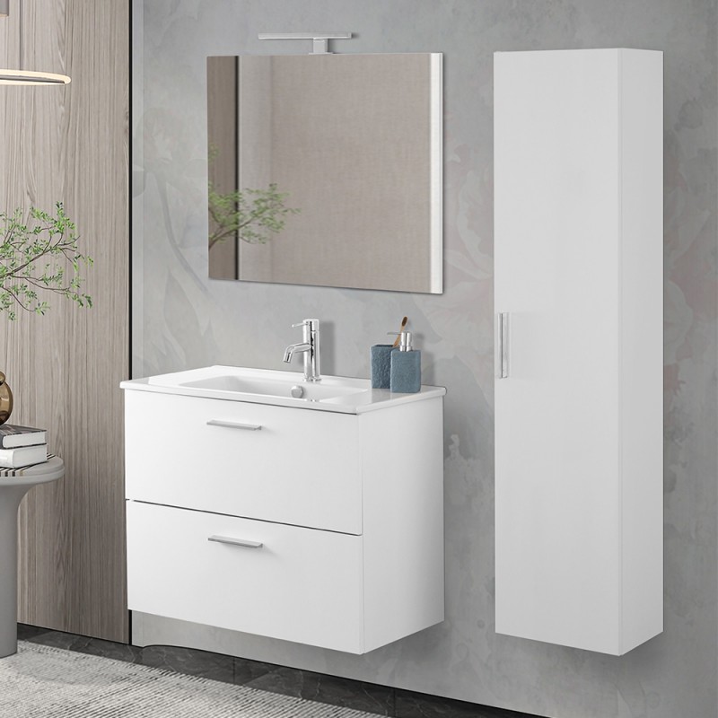 Mobile bagno sospeso 80 bianco lucido con pensile 145 lavabo e specchio | Miami
