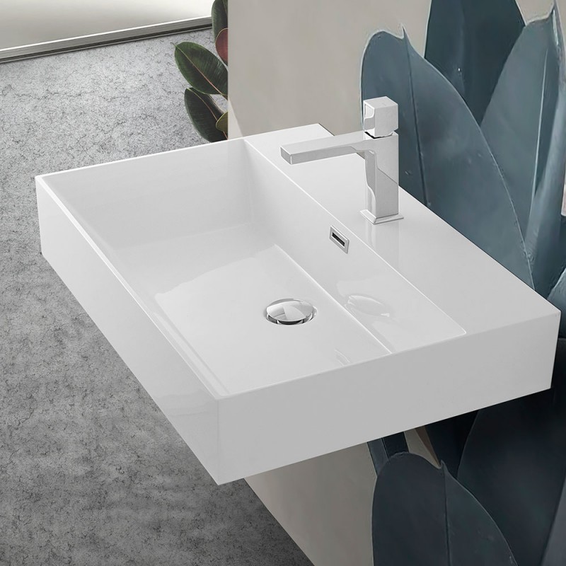 Lavabo sospeso rettangolare in resina 60 cm bianco lucido | Loto 