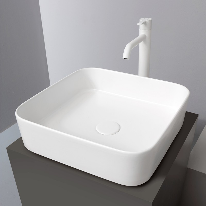 Lavabo da appoggio quadrato 40 in ceramica bianco lucido | Epsilon 