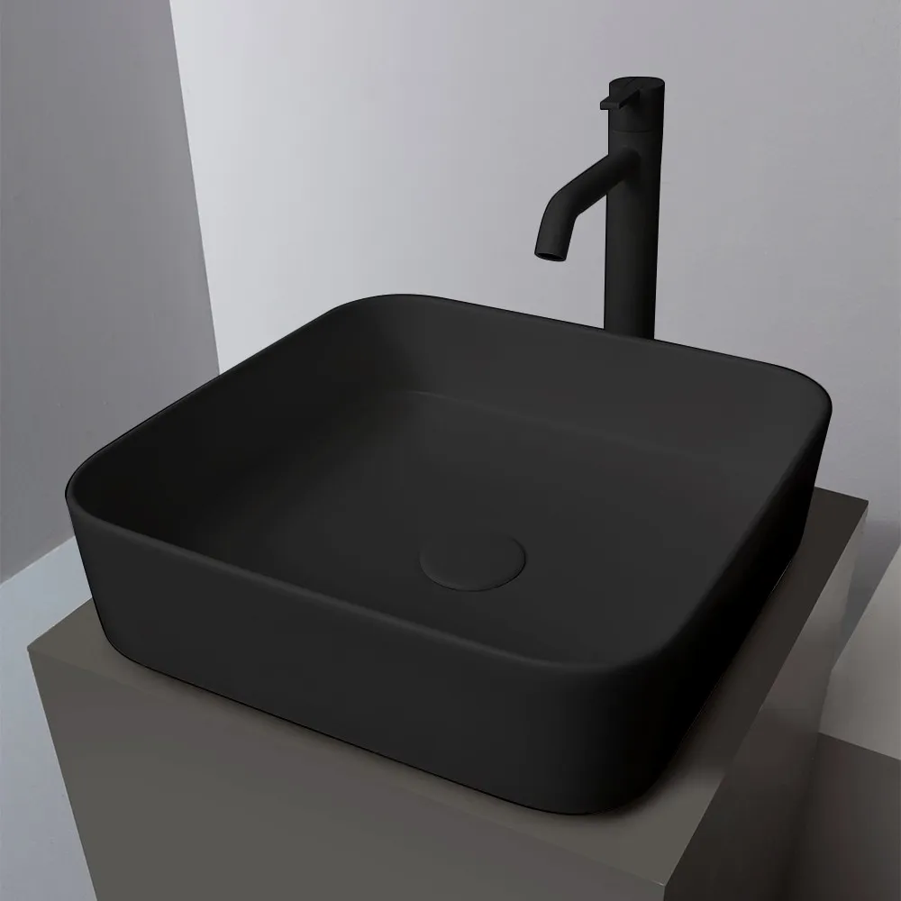 Image of Lavabo da appoggio quadrato 40 in ceramica nero opaco Epsilon