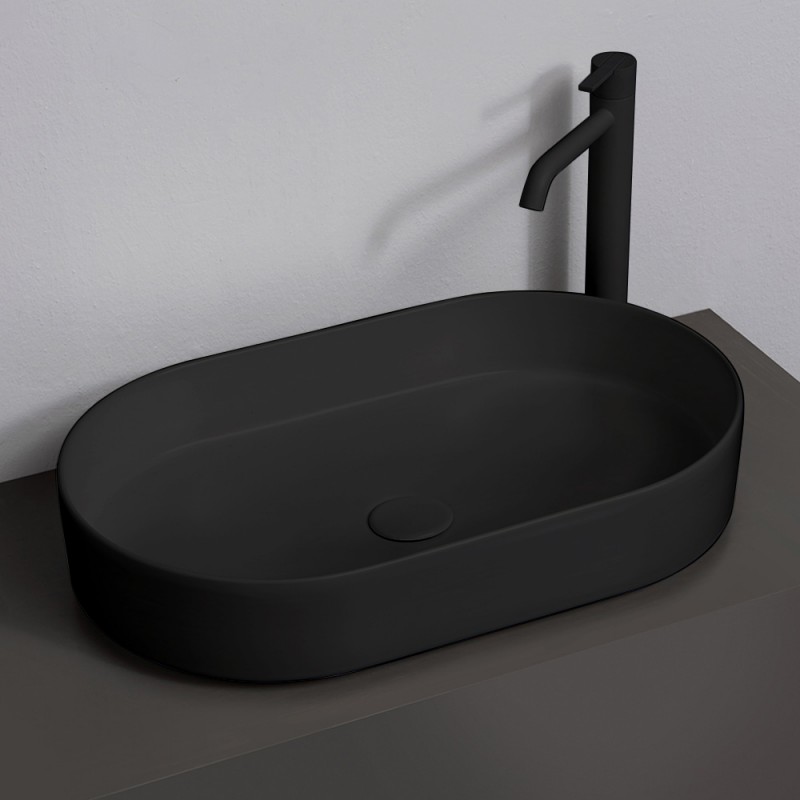 Lavabo da appoggio ovale 60 in ceramica nero opaco | Epsilon 