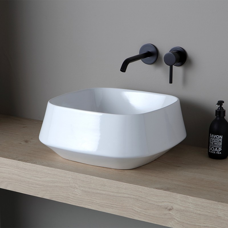 Lavabo da appoggio in ceramica bianco lucido quadrato 42 cm | Aris