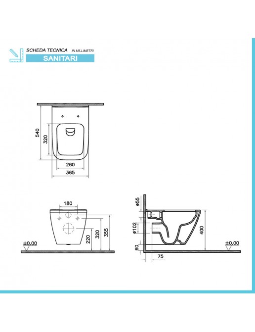 WC Sospeso Balneo LUGA Nero - Senza Brida E Senza Colletto - Con Sedile Soft-Close E Kit Di Montaggio Incluso