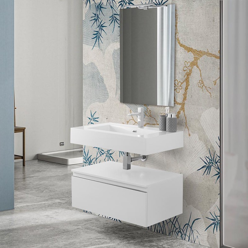 Mobile bagno 80 cm bianco lucido con lavabo sospeso e specchio Iside