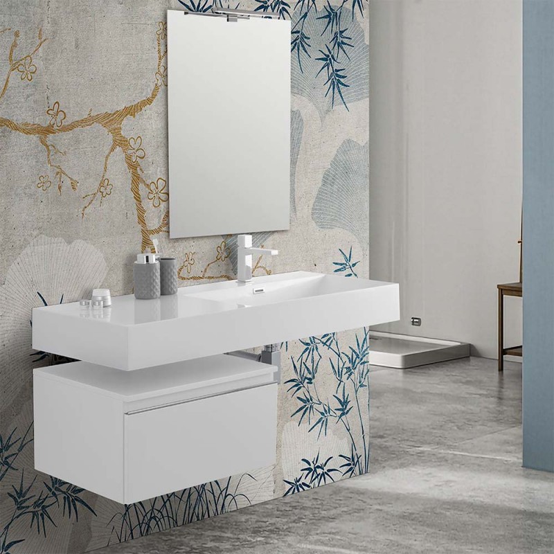 Mobile bagno sospeso 60 cm bianco lucido lavabo 120 destro e specchio Iside