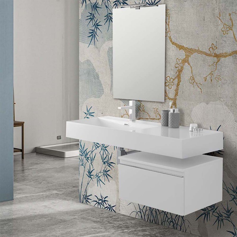 Mobile bagno sospeso 60 cm bianco lucido lavabo 120 sinistro e specchio Iside