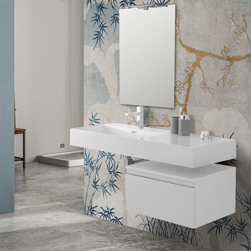 Mobile Bagno Sospeso 80 cm White con Specchio Contenitore Soft - Spazio