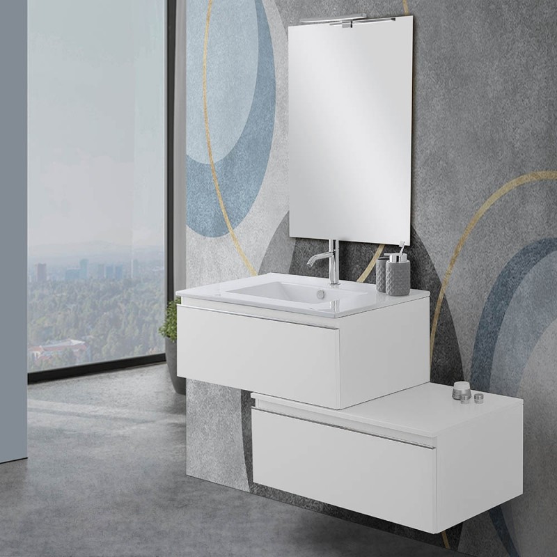 Mobile sospeso 80 cm bianco lucido doppia base lavabo e specchio Iside