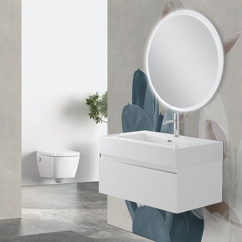 Mobile sospeso 80 cm bianco lucido lavabo in resina e specchio LED Iside