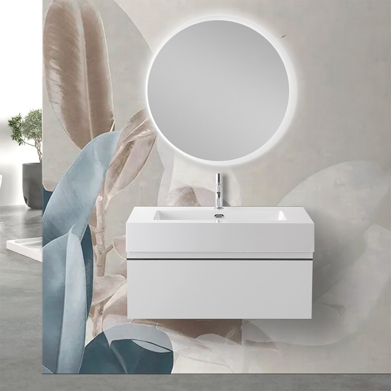 Mobile sospeso 80 cm bianco lucido lavabo in resina e specchio LED