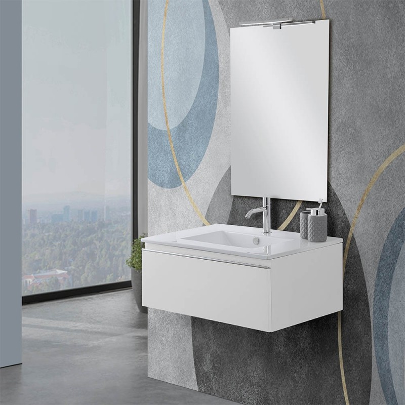 Mobile sospeso 80 cm bianco lucido con lavabo incasso e specchio Iside