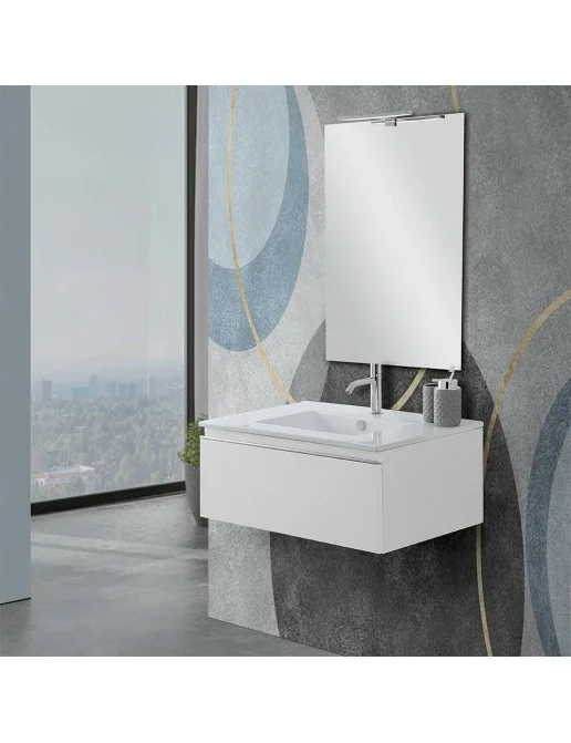 Lomadox Mobile Bagno LUTON-56 Con Lavabo In Ceramica E Specchio | 80 Cm | Bianco Lucido E Rovere | 3 Pezzi