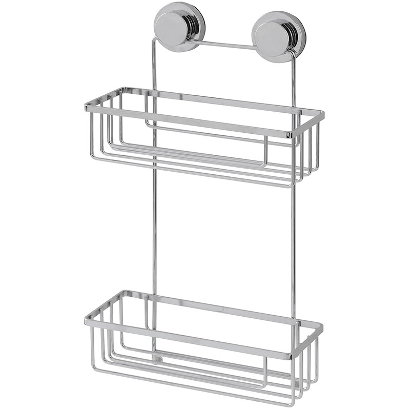 Mensola doccia cromata con 2 ripiani e doppia modalità di fissaggio