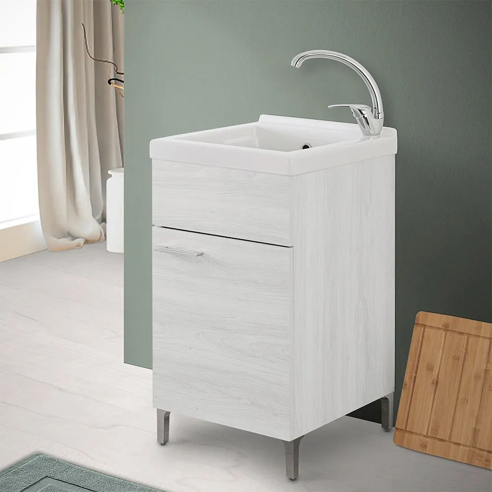 Image of Mobile lavatoio 45x50 cm rovere bianco con vasca lavapanni in ceramica