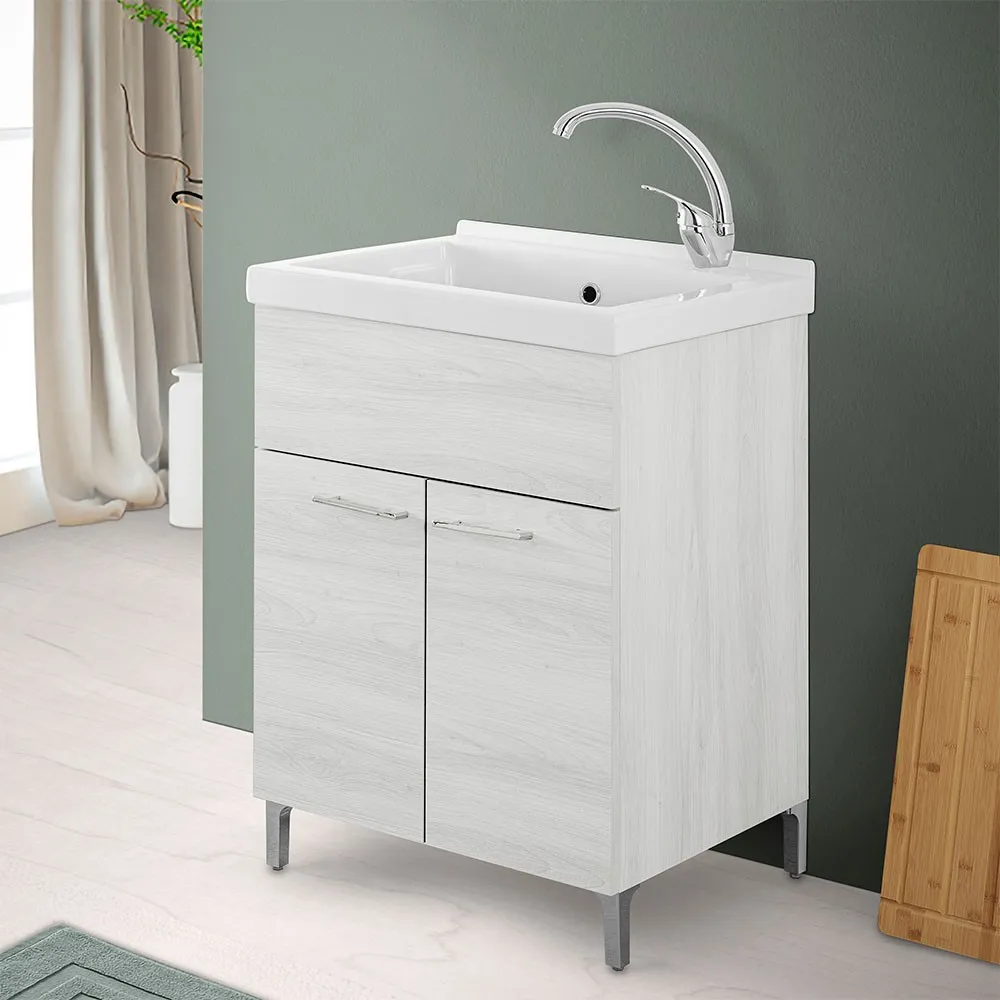 Image of Mobile lavatoio 60x50 cm rovere bianco con vasca lavapanni in ceramica