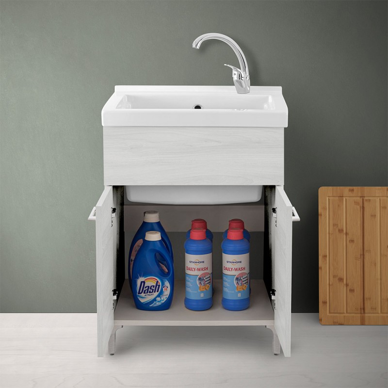 Mobile Lavatoio 60x50cm Con Vasca Ceramica | Legno Rovere Bianco | 2 Ante E Maniglie Cromo - Foto 6