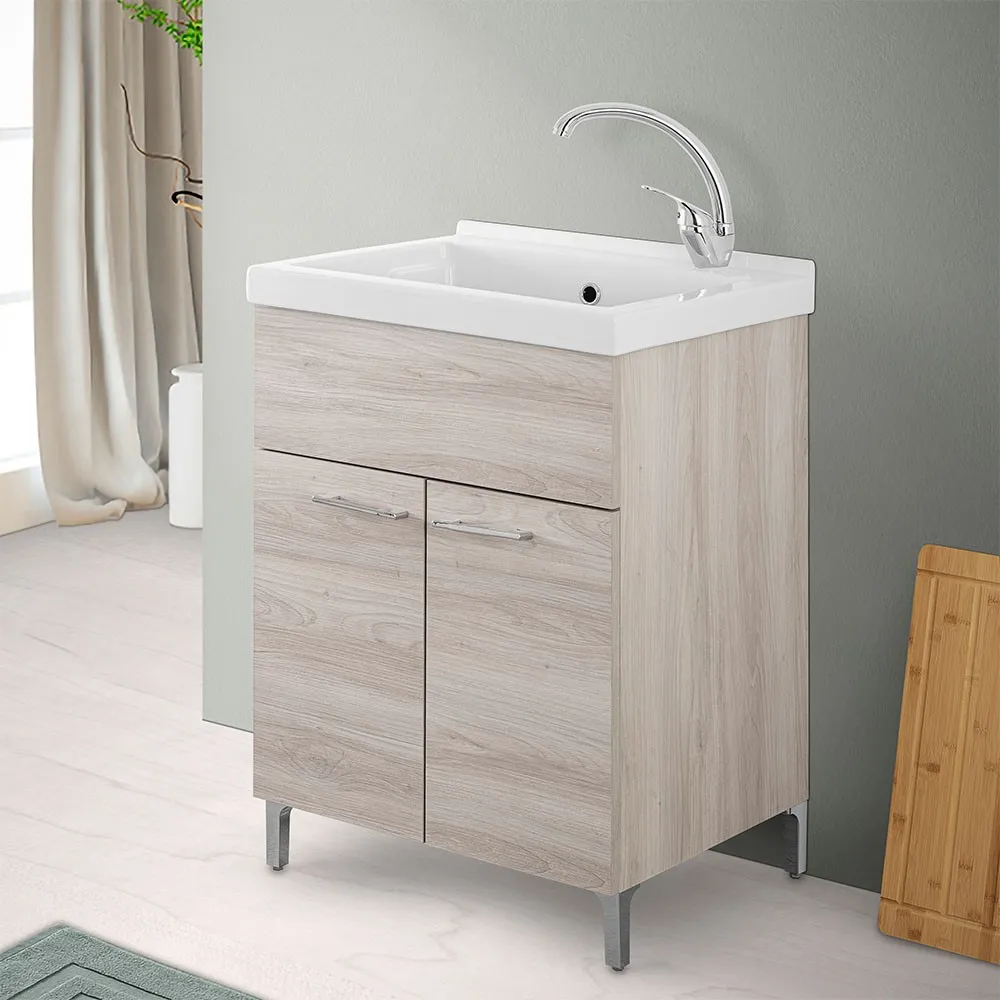 Image of Mobile lavatoio 60x50 cm rovere grigio con vasca lavapanni in ceramica