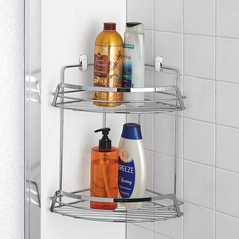 Mensola angolare per doccia a due ripiani doppio fissaggio