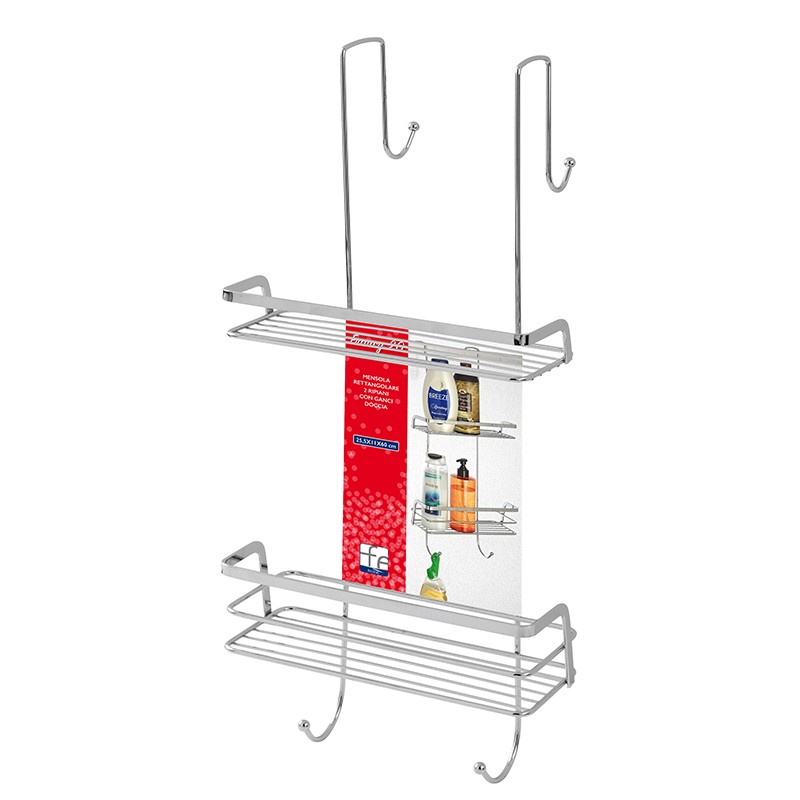 Mensola doccia in acciaio cromato con ganci e ripiani portaoggetti
