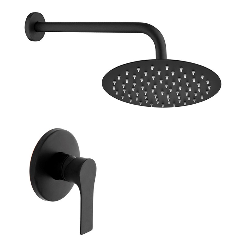 Set doccia incasso nero opaco con braccio e soffione tondo 25 cm