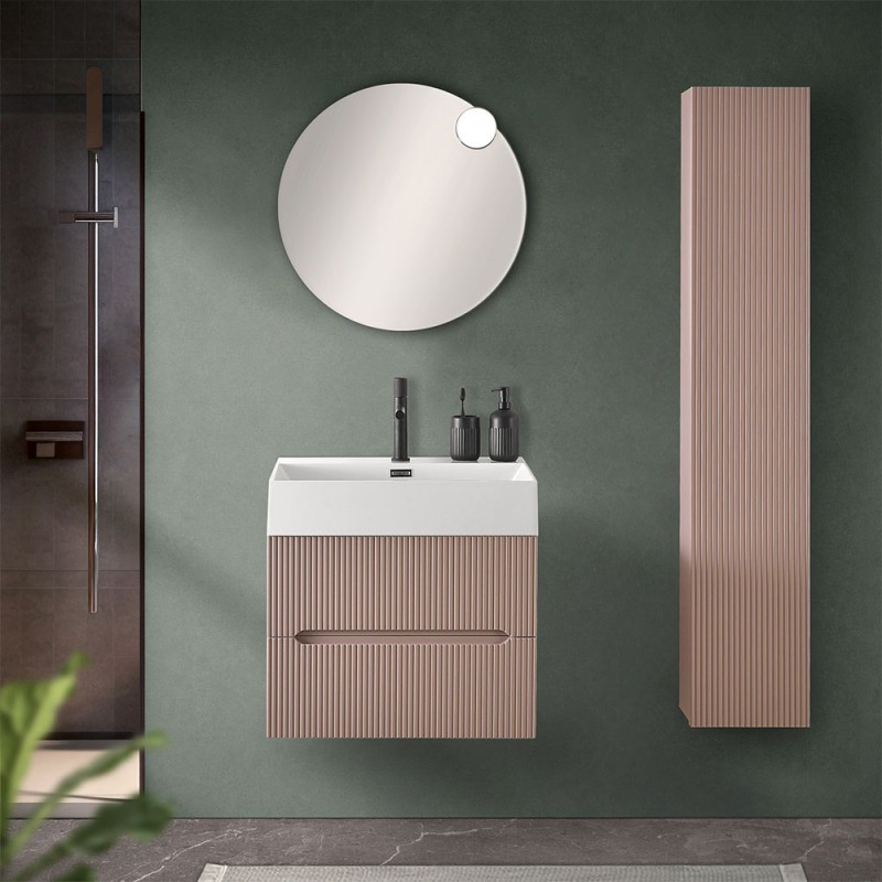 Mobile bagno sospeso cannettato 60 cm rosa con specchio | Bali