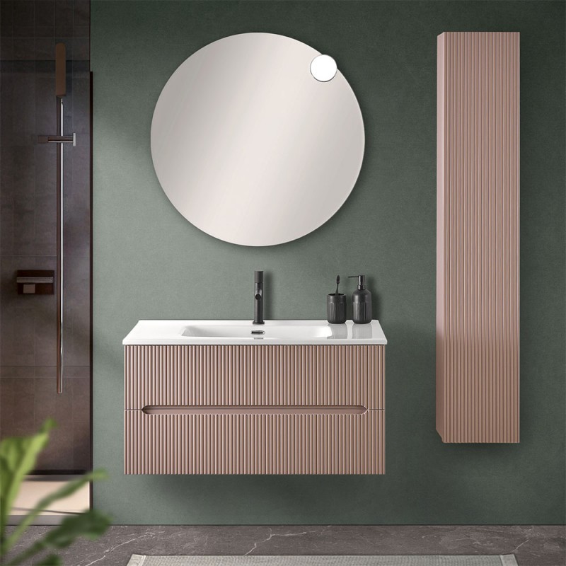 Mobile bagno sospeso cannettato 90 cm rosa con specchio | Bali