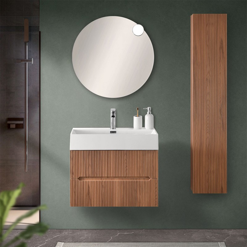 Mobile bagno sospeso cannettato 70 cm noce canaletto con specchio | Bali