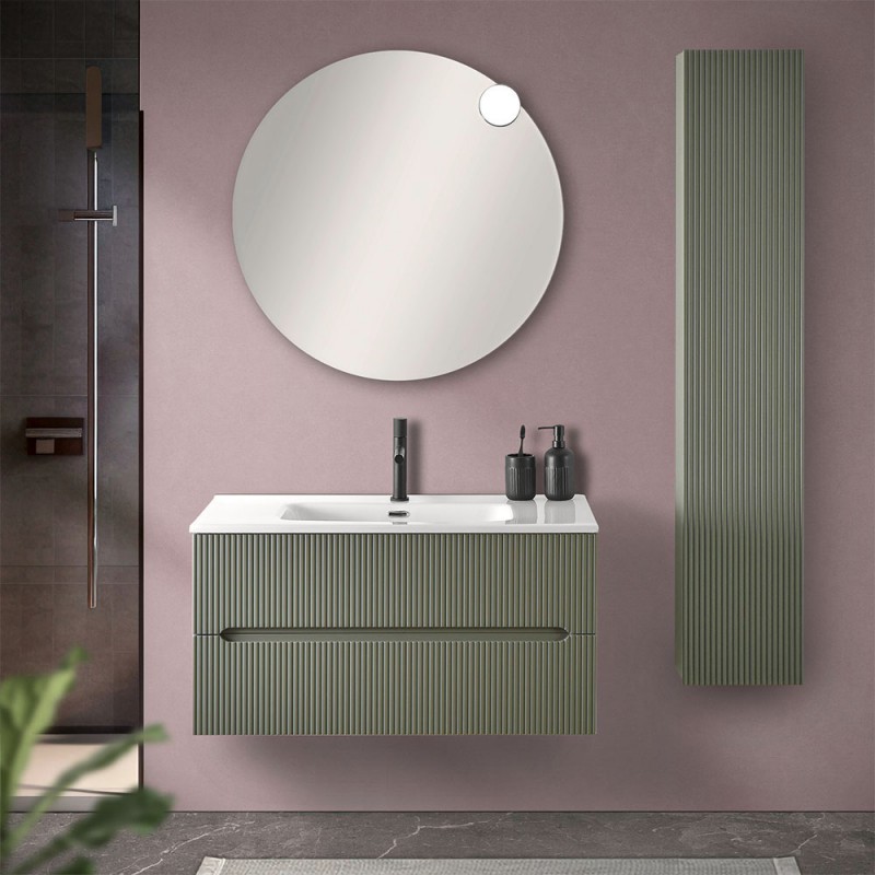 Mobile bagno sospeso cannettato 90 cm verde con specchio | Bali