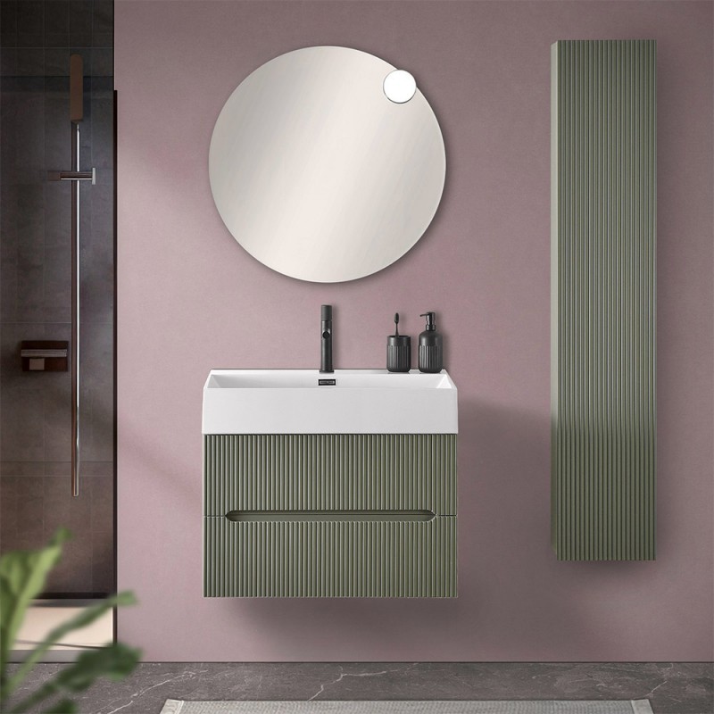 Mobile bagno sospeso cannettato 70 cm verde con specchio | Bali