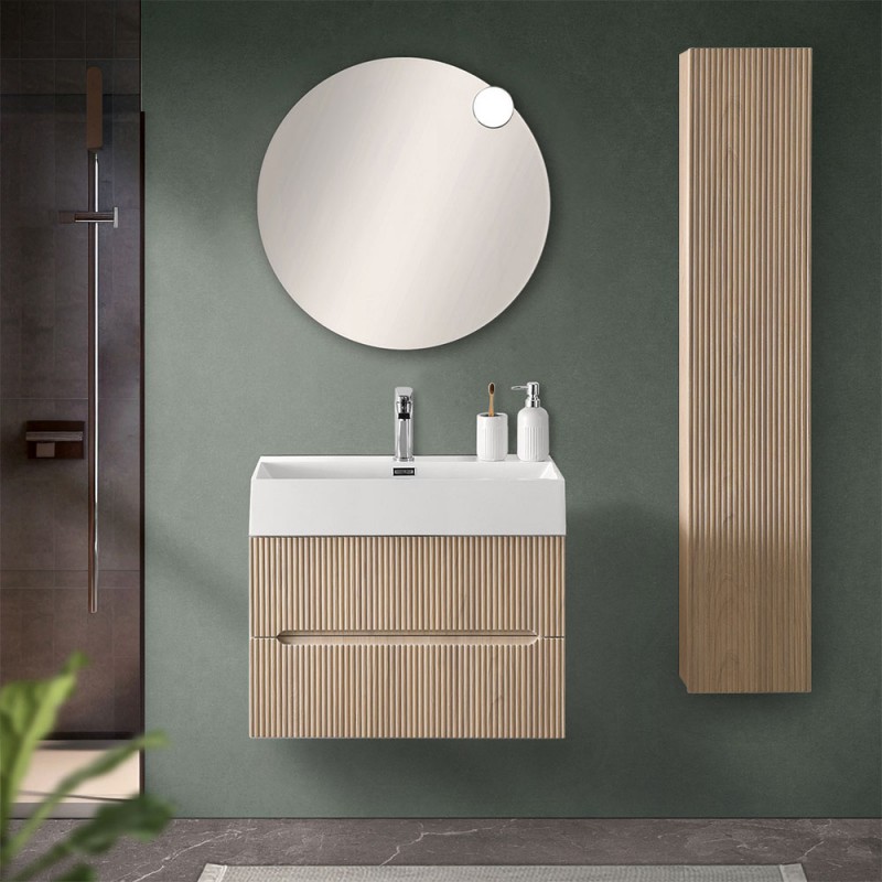 Mobile bagno sospeso cannettato 70 cm teak sabbiato con specchio | Bali