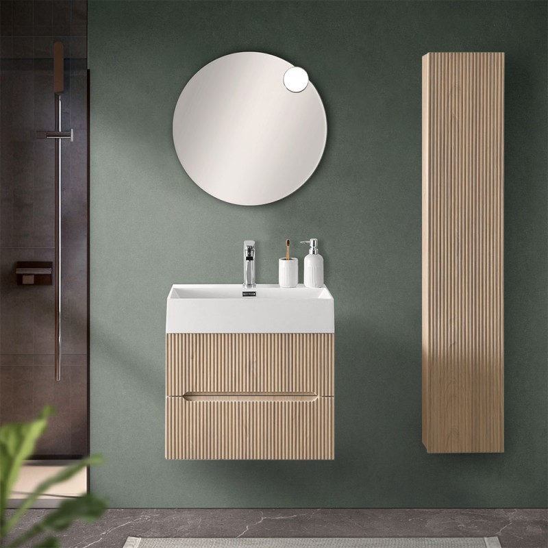 Mobile bagno sospeso cannettato 60 cm teak sabbiato con specchio | Bali