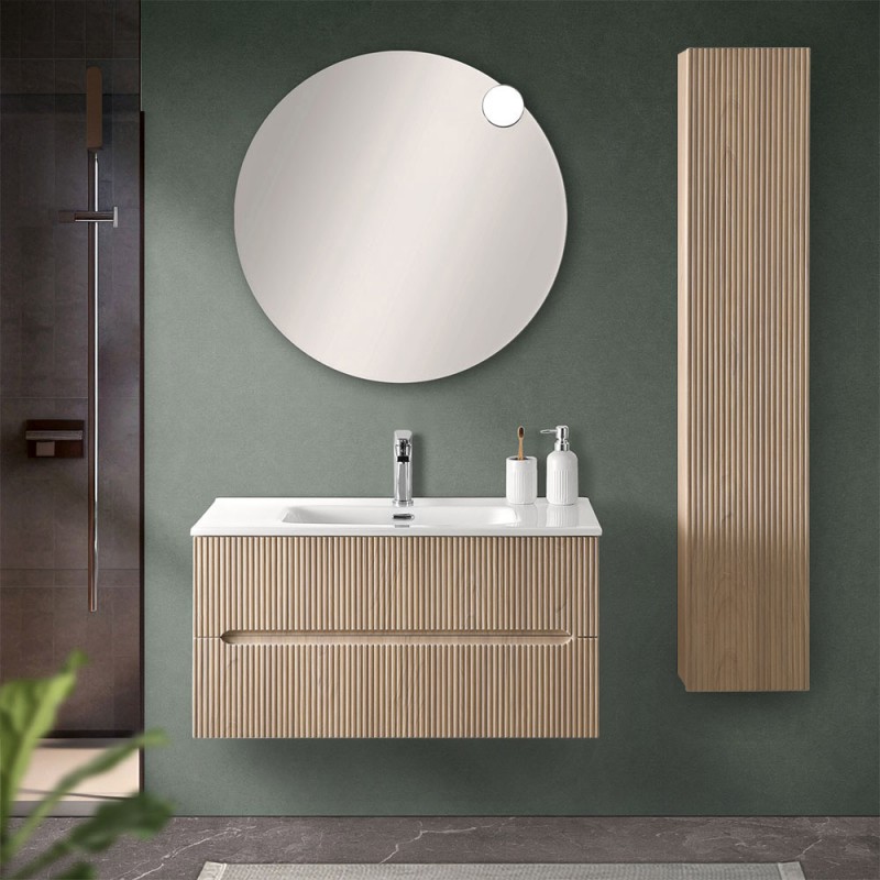 Mobile bagno sospeso cannettato 90 cm teak sabbiato con specchio | Bali