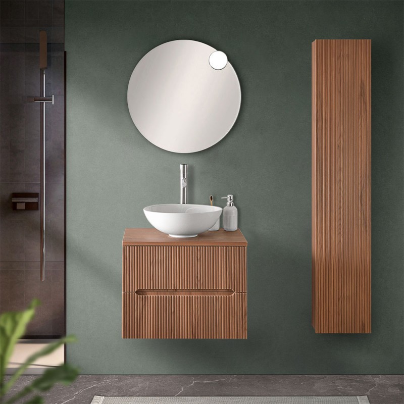 Mobile bagno sospeso cannettato 60 cm noce con top e specchio | Bali