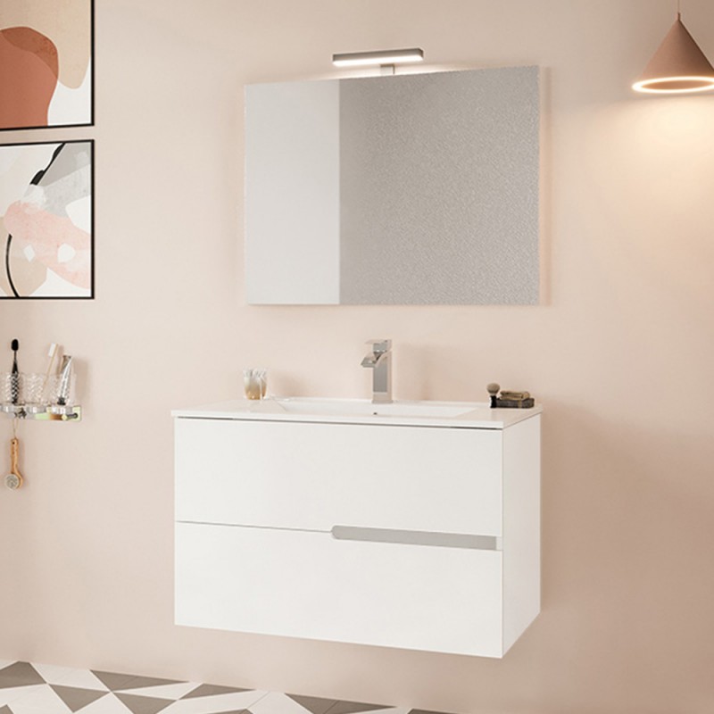 Mobile bagno sospeso 80 bianco lucido con lavabo e specchio LED | Eva