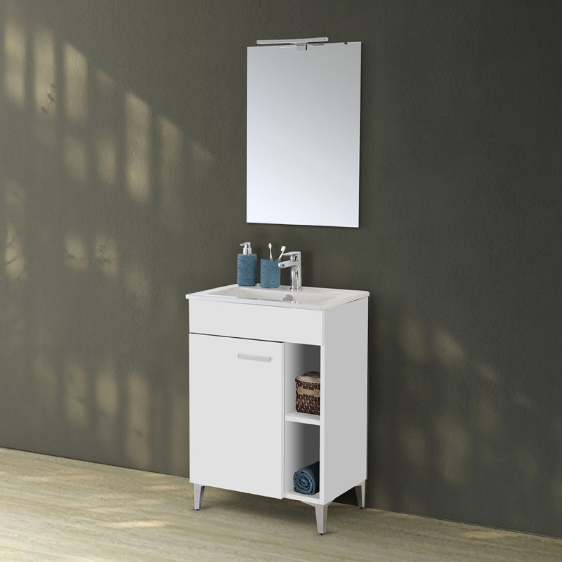 Mobile bagno a terra 60 cm bianco lucido con 1 anta lavabo e specchio | Martha