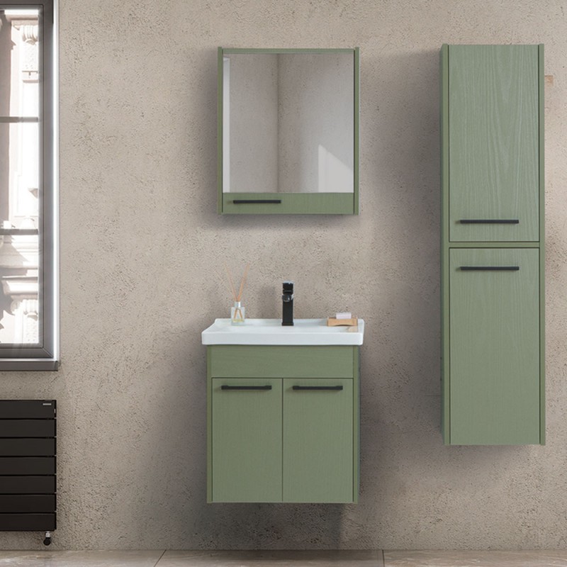 Mobile bagno sospeso 55 cm verde effetto legno con armadietto a specchio Sofia