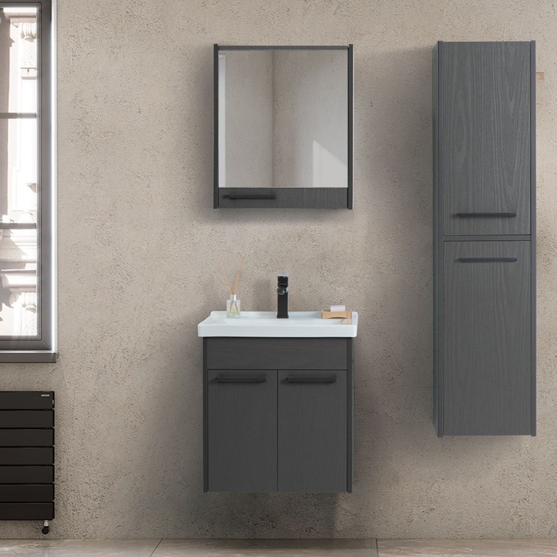 Mobile bagno sospeso 55 cm grigio effetto legno con armadietto a specchio Sofia
