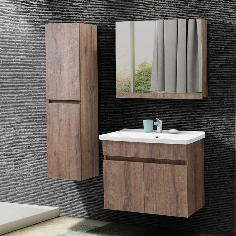 Mobile bagno sospeso 80 cm rovere scuro con specchio contenitore | Mona