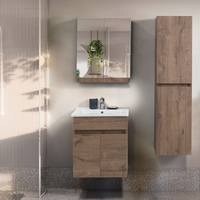 Mobile bagno sospeso 55 cm rovere scuro con specchio contenitore | Mona